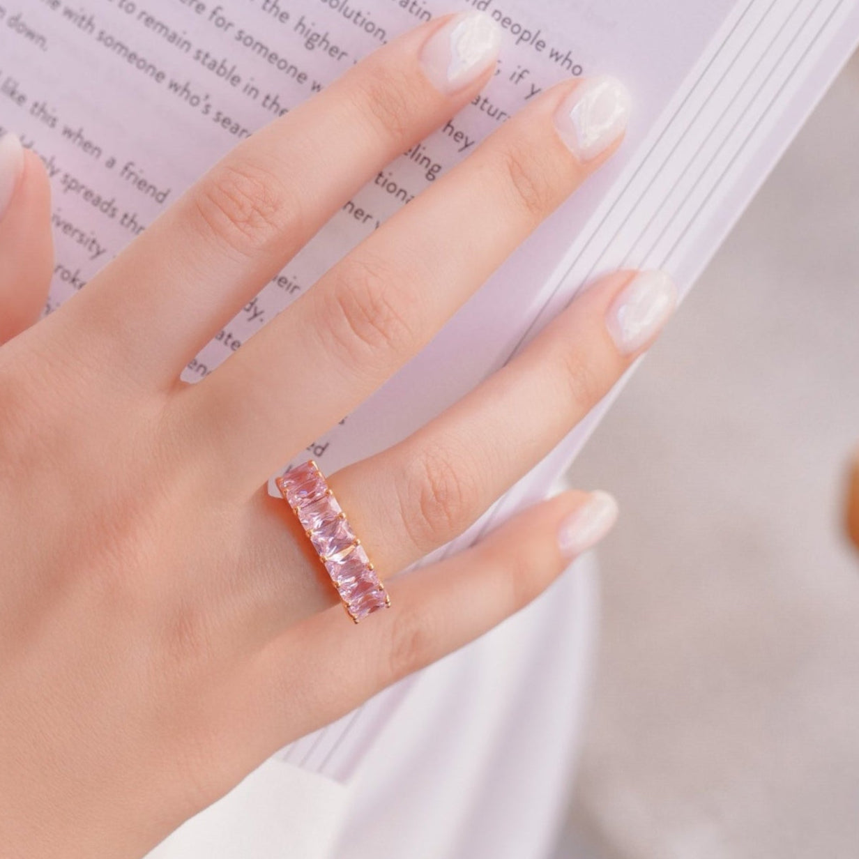 Pink Tourmaline Emerald Cut Eternity Band