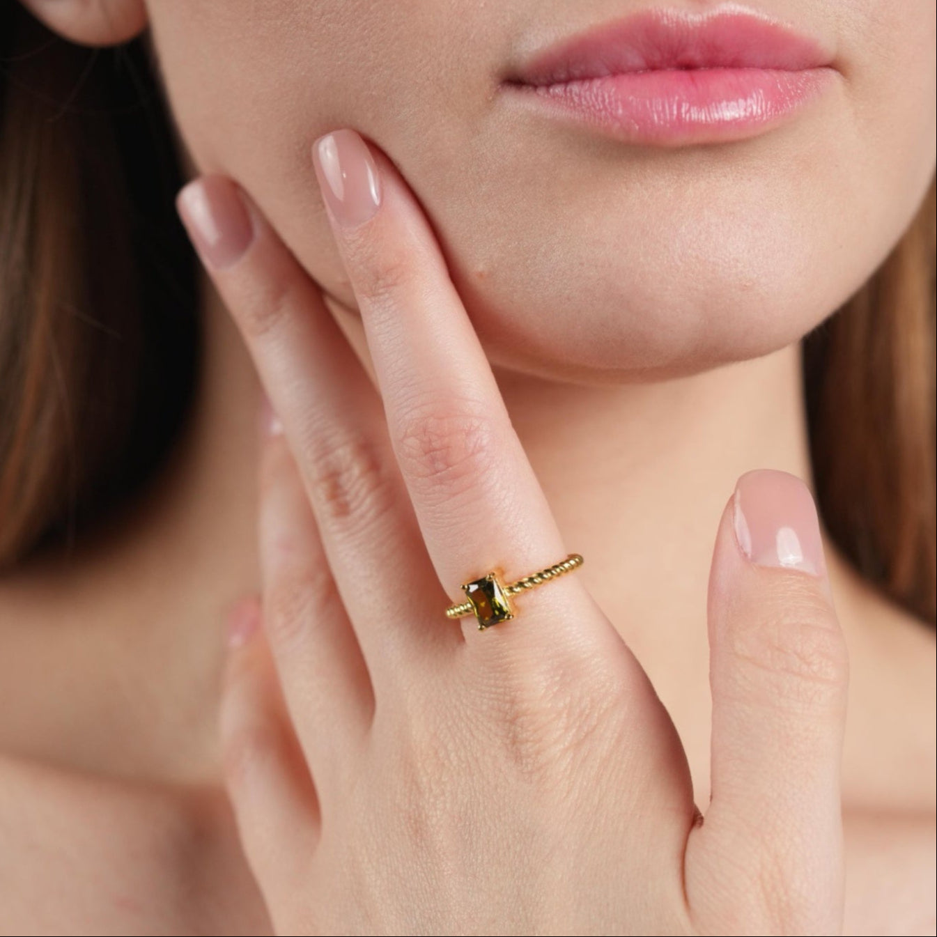 Gold Rope Ring with Olive Green Emerald Cut Stone