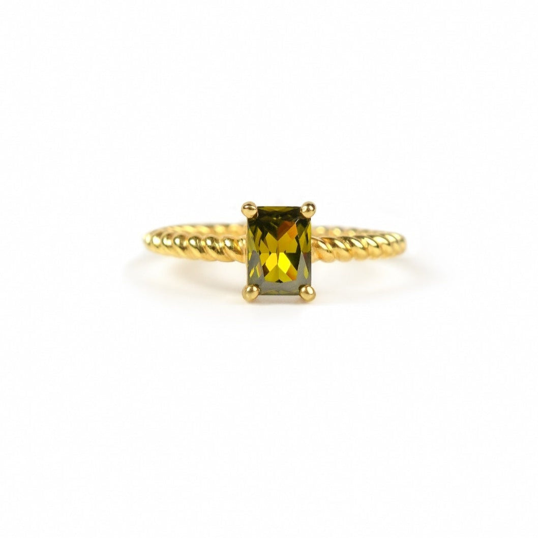 Gold Rope Ring with Olive Green Emerald Cut Stone