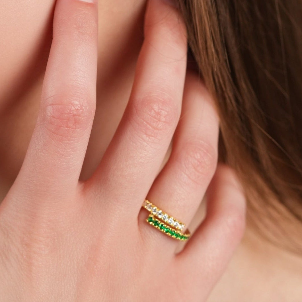 Emerald Gold Wrap Ring with Green and White Stones